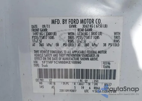 2011 Ford F-150 Xl из США, поврежденный, VIN 1FTMF1CM8BKE10590